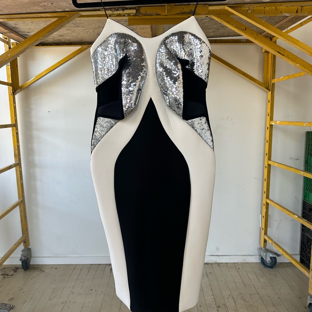 By Johnny Strapless Black and White Dress with Silver Accents